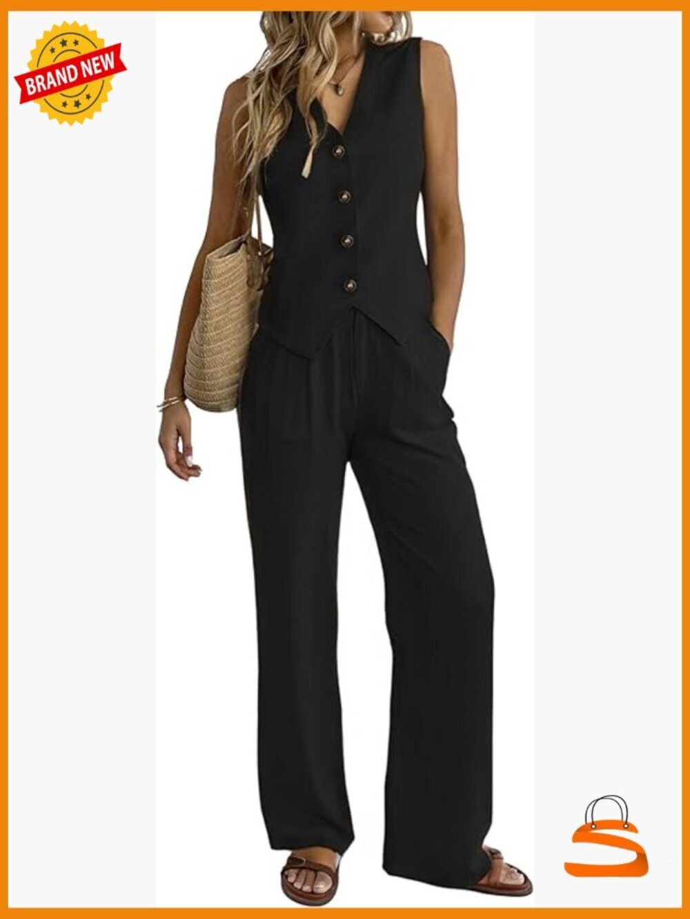 Linen 2 Piece Outfits Summer Vest Suit Sets Wide Leg Pants Business Casual